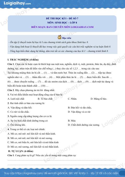 Đề số 7 - Đề kiểm tra học kì 1 - Sinh học 8